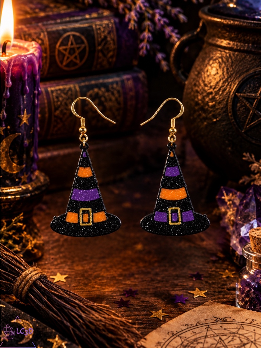 Halloween Witch Hat Dangle Earrings - Purple & Orange Glitter
